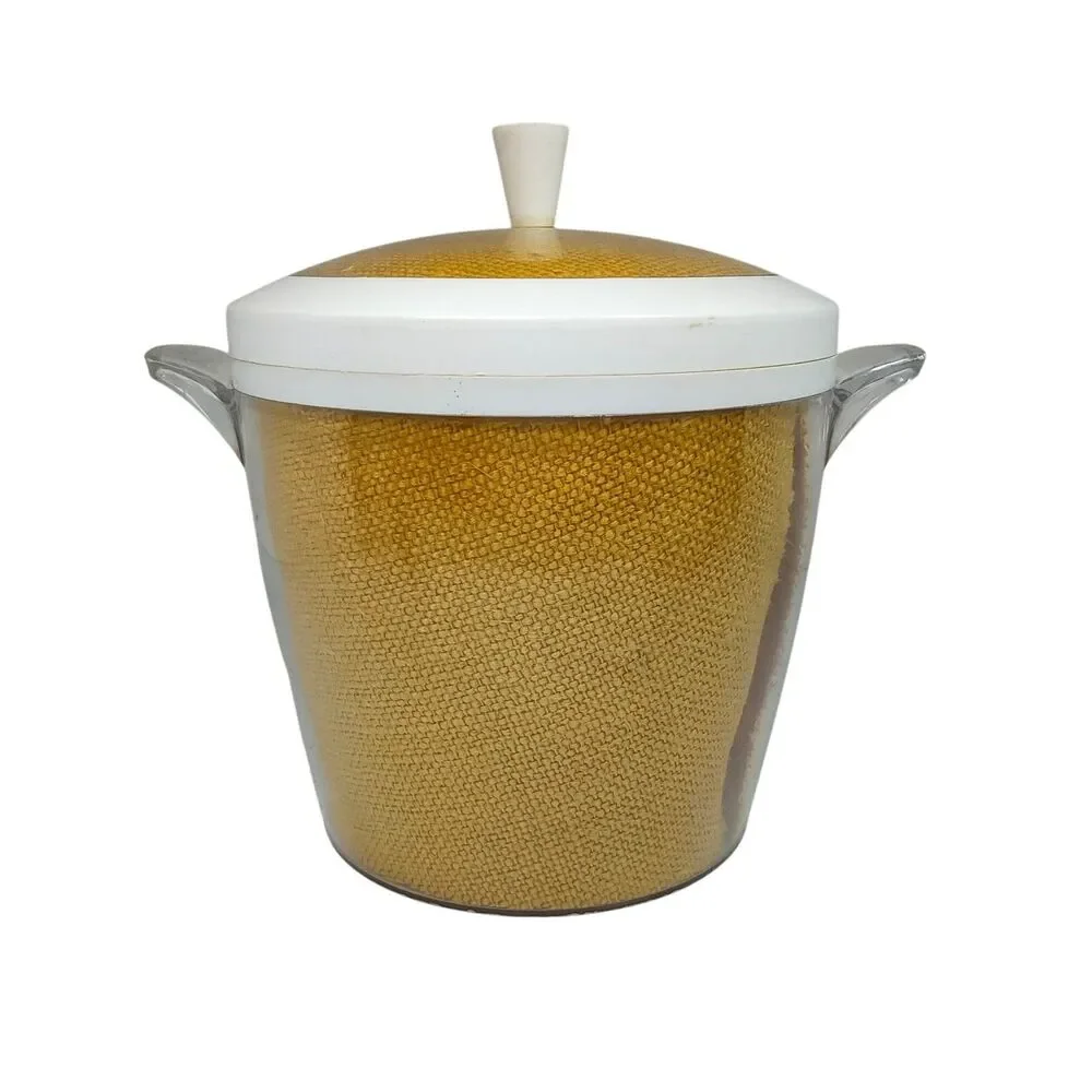 Vintage Mid Century Rafiaware Yellow Plastic Ice Bucket MCM 70's Burlap
